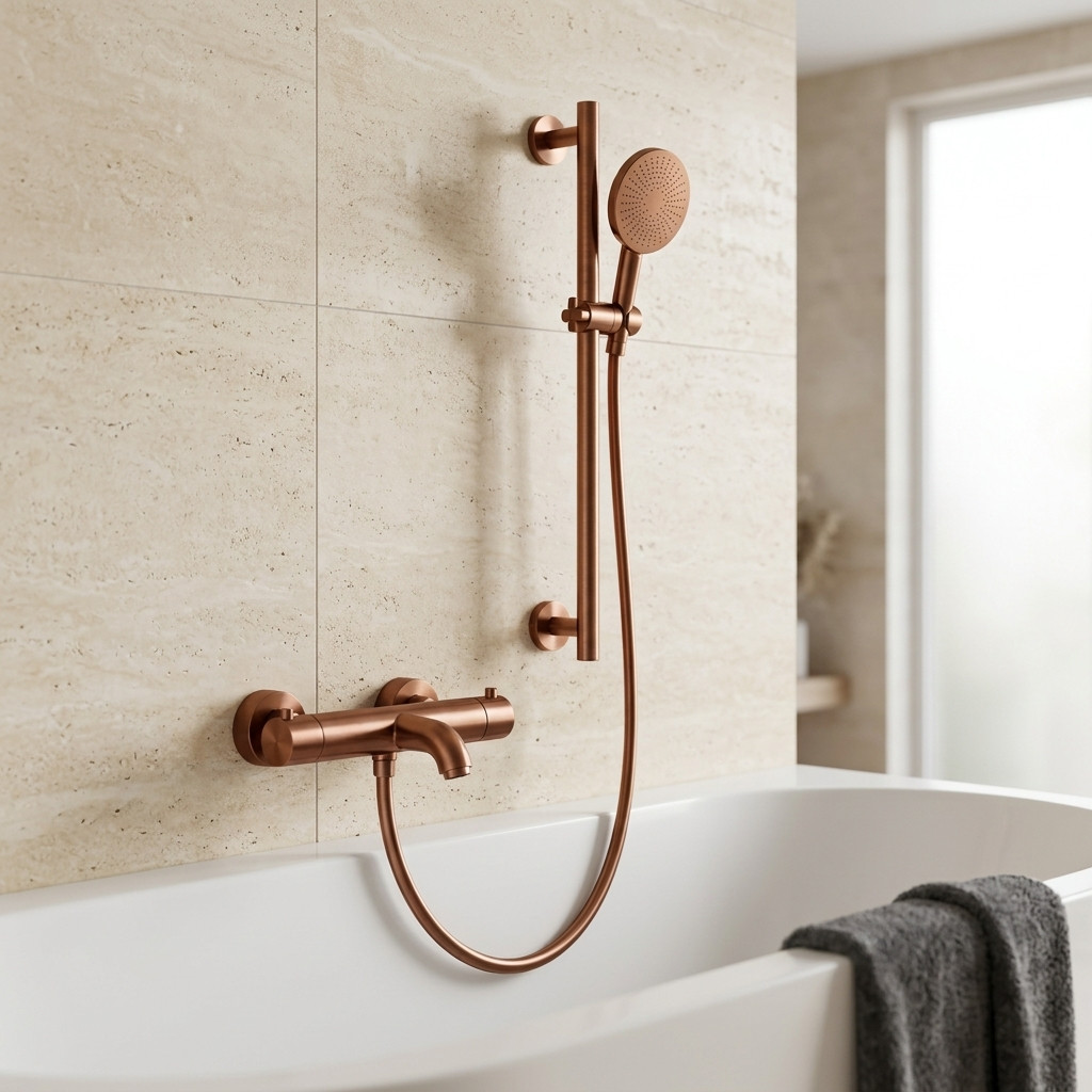 Aquanello Eterna Rubinetto termostatico da incasso per vasca in rame PVD con doccetta rotonda e asta scorrevole ET-B-SET1-4-62
